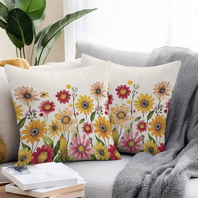 Yellow Red Spring Floral Outdoor Waterproof Throw Pillow Covers 26x26 Set of 2, Pastoral Summer Flower Rustic Decorative Pillowcases Cushion Pillowcase for Couch Sofa Patio Outside Pillow Protector