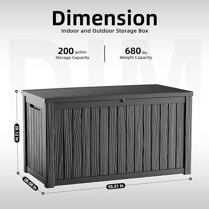 Large Outdoor Storage Box, 200 Gallon Deck Box, Lockable Outside Storage Bin, Waterproof Container with Reinforced Hydraulic Rod for Patio Cushions, Garden Tools, Sports Equipment