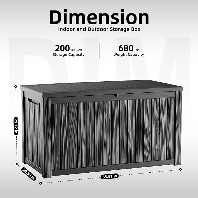 200 Gallon Outdoor Storage Box Waterproof, Large Deck Box Durable Resin Storage Bin with Lid for Patio Furniture Cushions Garden Tools (Black, 200 Gallon)