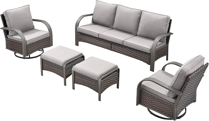 HUMMUH Outdoor Patio Furniture Sets-Wicker Patio Furniture Couch and Swivel Rocker Chairs Conversation Set for Deck Porch Garden Poolside Backyard-Brown/Grey