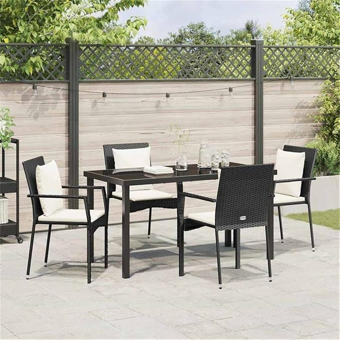 Afuera Living 5 Piece Patio Dining Set, Poly Rattan & Steel, Black Finish, Includes Cushions, Tempered Glass Tabletop, Seats 4, Modern Outdoor Dining Set for Garden, Patio, Backyard, Weather-Resistant