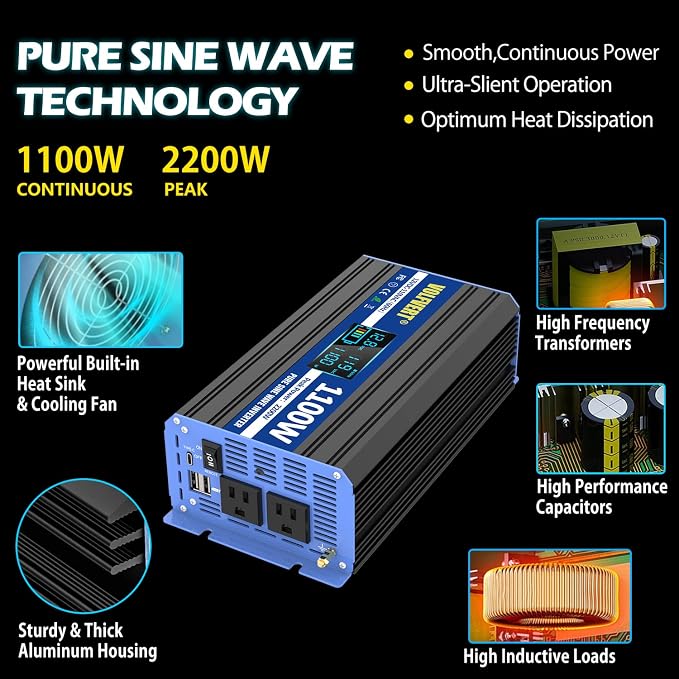 1100 Watt Pure Sine Wave Inverter, 12V DC to 110V 120V AC Converter with Two AC Outlets, USB Ports, Type-C ports, Remote Controller, LCD Display, Power Inverter 1100W for Home RV Off-Grid Solar System