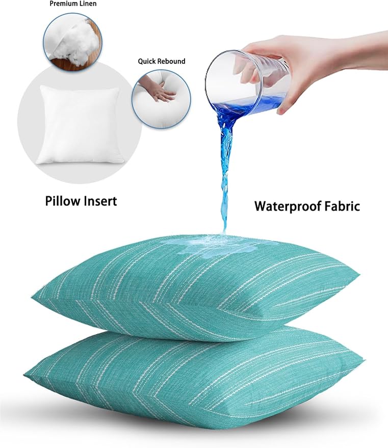 Waterproof Outdoor Pillow 1 Pack Aqua Linen Stripes Decorative Throw Pillows Cover & Insert 16x16 Inch Pillowcase Parallel Vertical Lines Pillows for Couch Sofa Bed Patio Furniture Indoor Outdoor