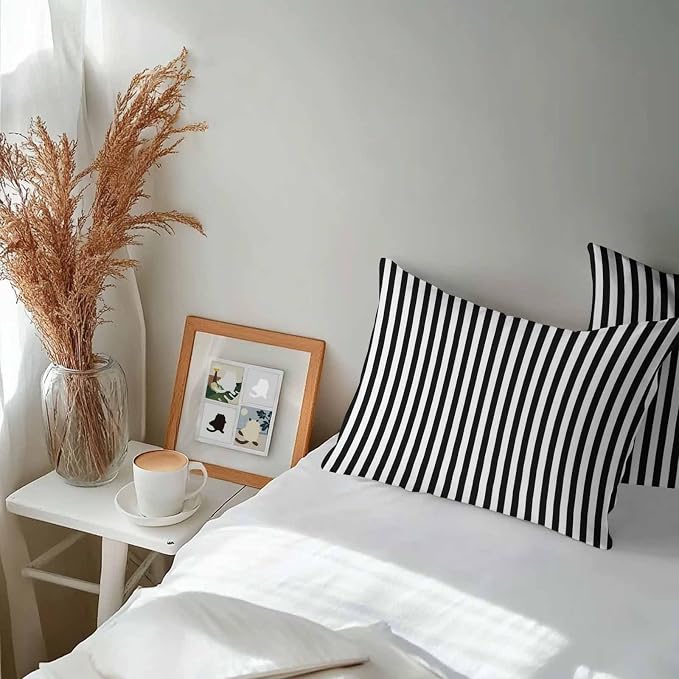 Lumbar Pillow Covers 20x12 Inch Set of 2, Black White Stripe Waterproof Outdoor Cushion Covers, Modern Minimalist Geometric Striped Decorative Pillowcases for Couch, Sofa, Bed, Garden, Patio
