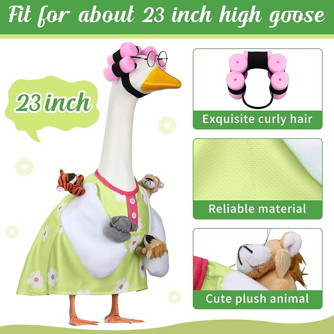 Suzile Funny Lady Porch Goose Outfit for 23'' Cement Goose Curler Wig Costume Glasses with Cute Animals for Holiday Parties Yard Lawn Outdoor Garden Patio Concrete Statue Geese Decoration