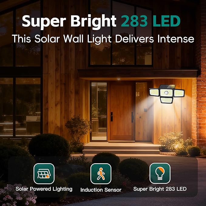 Solar Outdoor Motion Sensor Light, 4-Head 283 LED Solar Flood Light 3000LM 6500K, IP65 Waterproof Security Wall Lamp with Wide 270° Lighting Angle, Solar Powered Motion Sensor Lights(2Pack)