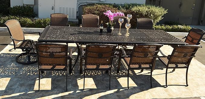 Santa Clara Outdoor Cast Aluminum Powder Coated 11-Piece Dining Set with Extendable 48x132 Table (with 2 Rockers and 8 Regular Chairs)