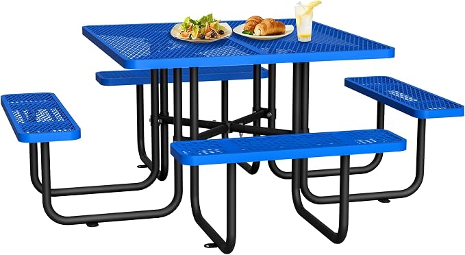 46" Iron Mesh Picnic Table with 1.73" Umbrella Hole Blue | Rust & Heat-Resistant, All-Season Use, Safe Arc Corners, Outdoor Square Metal Picnic Tables for Patio, Park or Backyard
