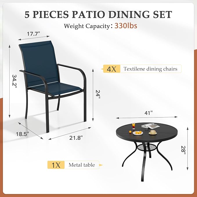 Incbruce 5 PCS Patio Dining Set, Outdoor Dining Set of 4 Textilene Chairs and 41" Round Table with Umbrella Hole for Backyard, Garden, and Poolside (Blue)