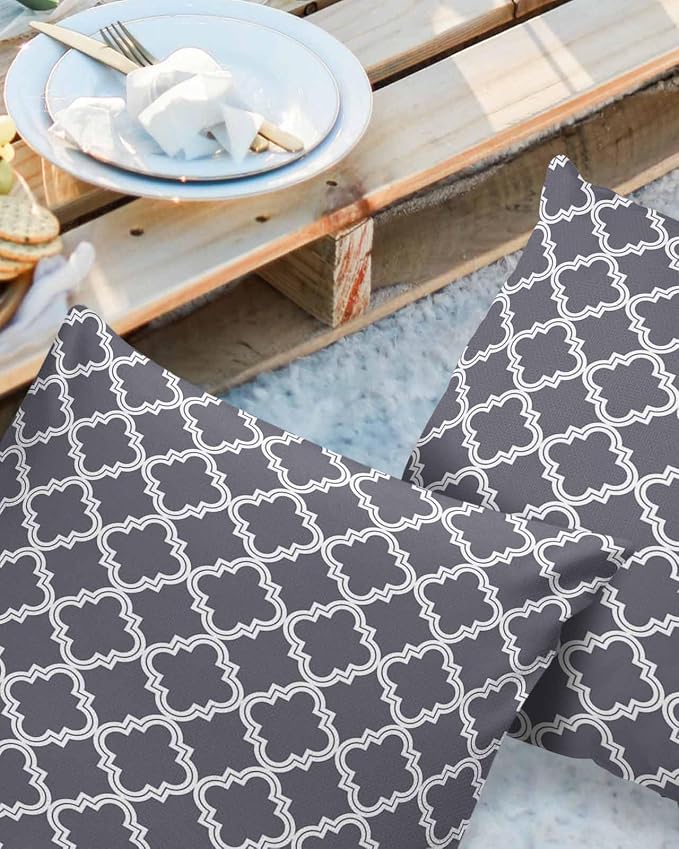 Outdoor Waterproof Pillow Covers for Patio Furniture Moroccan Pattern Decorative Throw Pillow Cover Dark Grey Pillowcases Set of 2 Cushion Case for Sofa Couch Chair Home Decor 24x24 inch