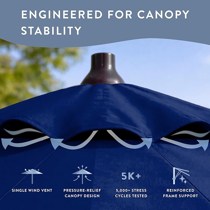 California Umbrella 12-Year Protection 9-Ft Outdoor Patio Umbrella, Sunbrella Fade-Resistant Fabric, Auto-Tilt, Heavy Duty Aluminum Frame, 8 Reinforced Ribs for Pool or Deck, Bronze Pole, True Blue