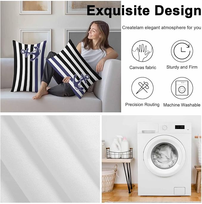 Lumbar Pillow Covers 20x12 Inch Set of 2, Anchor Black Waterproof Outdoor Cushion Covers, Modern Navy Blue White Striped Nautical Decorative Pillowcases for Couch, Sofa, Bed, Garden, Patio