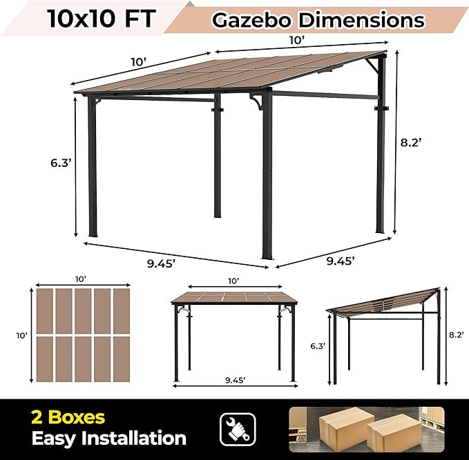 GarveeHome 10' x 10' Lean to Gazebo, Hard Top Outdoor Pergola with Roof, Gazebos Pergola on Clearance, Large Wall Mounted Heavy Duty Awnings for Patio, Backyard, Deck, Porch