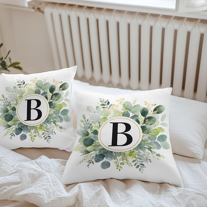 Letter B Waterproof Outdoor Pillow Covers Set of 2 Home Decor, Alphabet Green Eucalyptus Leaves Pillowcase Patio Pillow Covers for Couch Bench Patio Furniture Garden 24x24in