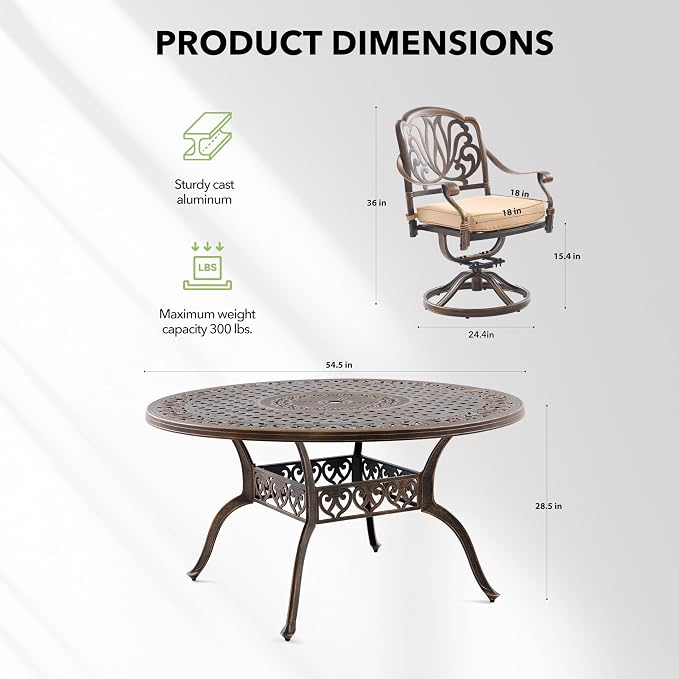 5-Piece Cast Aluminum Outdoor Table and Chairs, Classic Vintage Patio Dining Set for 4 Include 54.5" Round Dining Table and 4 Swivel Chairs with Removable Cushion and Umbrella Hole