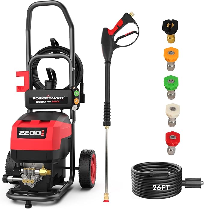PowerSmart Electric Pressure Washer 1.2 GPM (OpenFrame), Bulid-in Soap Tank, Metal Spray Wand, for Cars, Patio, Decks, and Fences (DB1001)