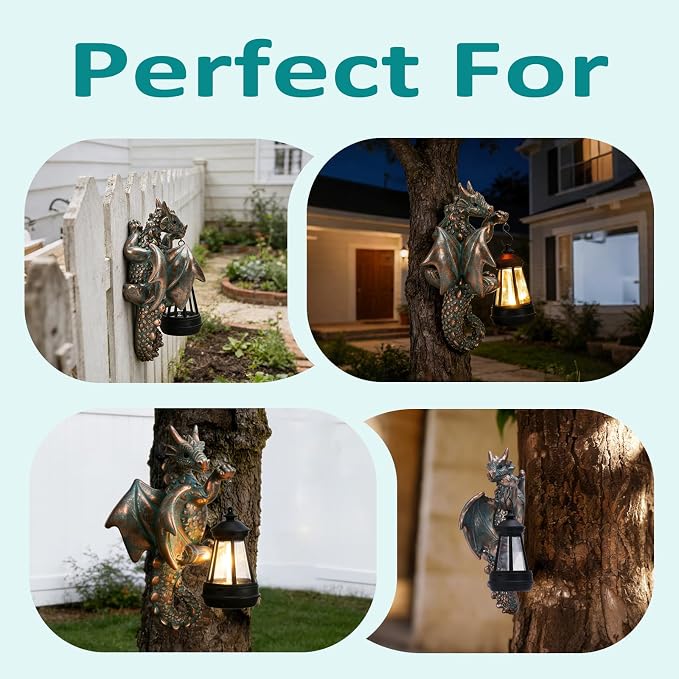 Goodeco Dragon Tree Hugger Garden Statue with Solar Lantern - 9.3 Inch Resin Dragon Decor for Outdoor, Perfect Dragon Gifts & Yard Decor（Bronze）