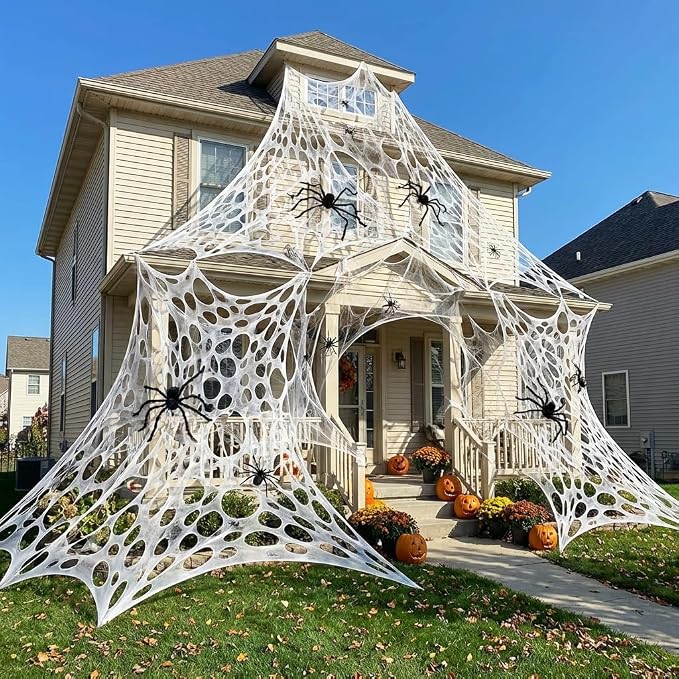 1200 Sqft （After Streched with Holes） Uncut Giant Spider Web Halloween Decorations Outdoor with 10 Ground Nails Stretchy Beef Cloth Netting Cut-Your-Own Flexible Elastic for Yard Party Decor