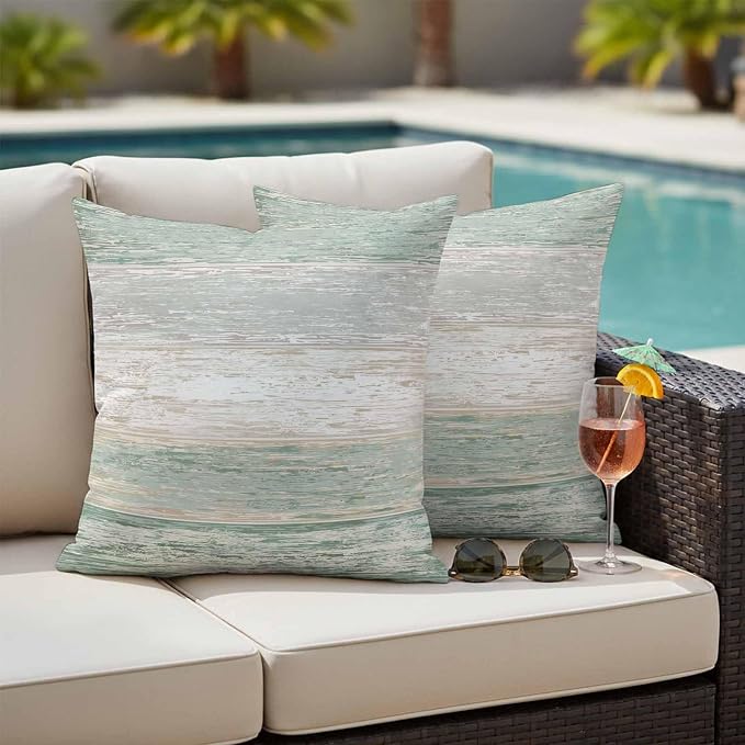 Green Gray Outdoor Pillow Covers 26"x26" Set of 2, White Gradient Rustic Striped Minimalist Country Waterproof Throw Pillow Covers for Patio Furniture, Decorative Cushion Covers for Porch