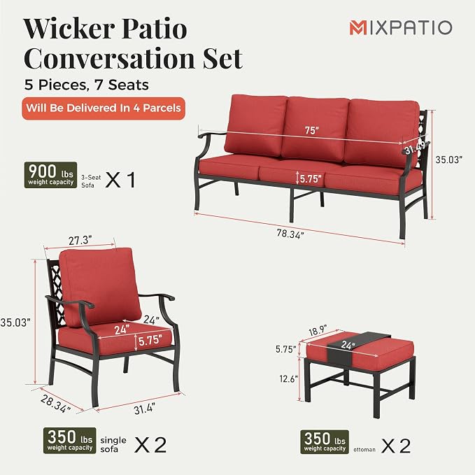 MIXPATIO Patio Furniture Set 5 pcs, Outdoor Patio Furniture, 3-Seat Sofa, 2 Single Chairs, 2 Ottomans and 5.75" Extra Thick Cushion, Patio Conversation Set for Garden Backyard Deck,Red