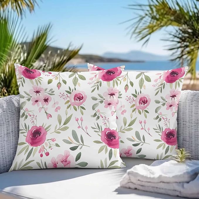 Vandarllin Outdoor Throw Pillows Covers 20x20 inch Set of 2 Waterproof Pink Flowers Decorative Zippered Cushion Covers for Patio Furniture, Floral Leaves Plant Lumbar Pillowcases