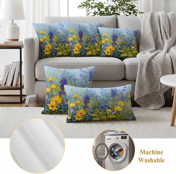 Outdoor Waterproof Pillow Covers for Patio Rustic Landscape Decorative Throw Pillow Cover Spring Wildflower Floral Yellow Blue Purple Pillowcases Set of 2 Cushion Case for Sofa Couch Chair 18x18 Inch