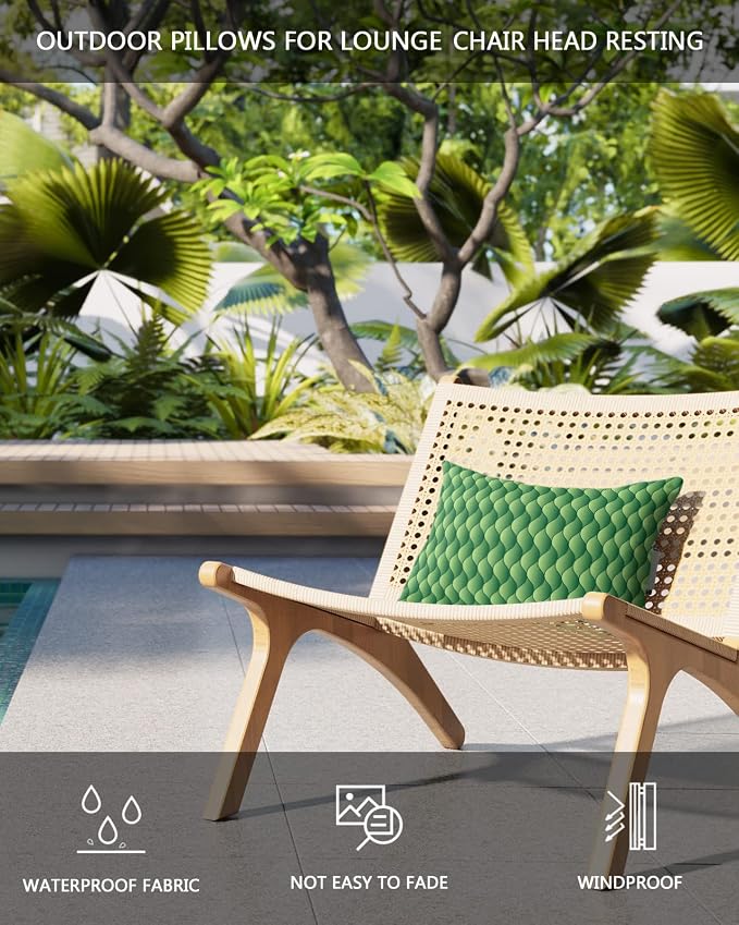 Outdoor Pillows Covers with Inserts Summer Abstract Geometric Ombre Green Ocean Wave Waterproof Pillow with Adjustable Strap Throw Pillows for Patio Furniture Recliner Lounge Chair, 12x20 inch, 2PCS