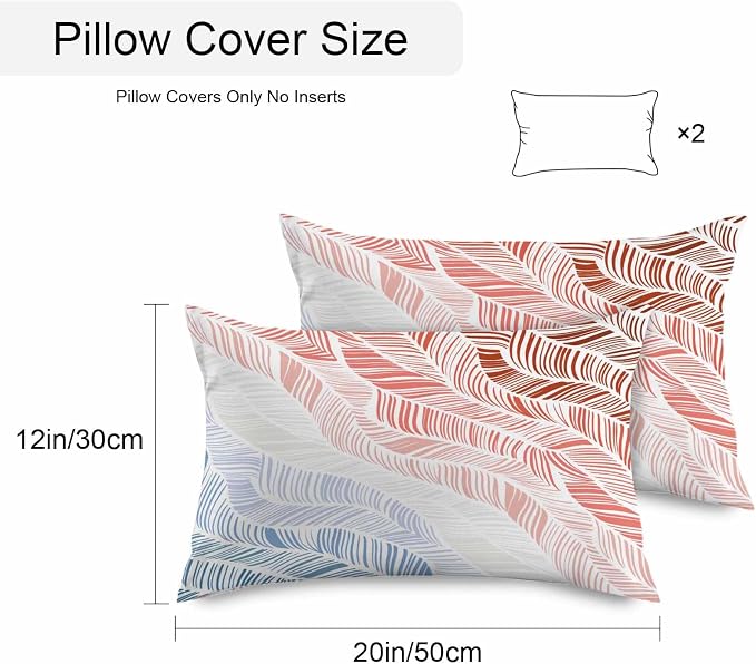 Vandarllin Outdoor Throw Pillows Covers 20x12 inch Set of 2 Waterproof Summer Beach Decorative Zippered Cushion Covers for Patio Furniture, Ombre Red Abstract Leaf Lines Lumbar Pillowcases