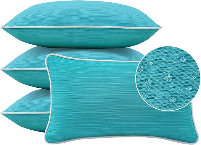 Unimatta Decorative Outdoor Water Repellent Throw Pillows with Inserts, Set of 4, 20" x12" Pillows for Patio, Backyard, Bed, Couch, and Patio Furniture, Turquoise