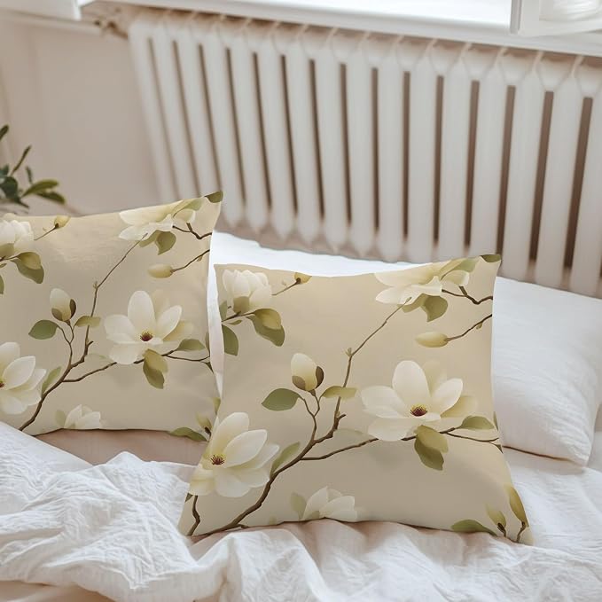 Vintage Floral Outdoor Pillow Covers 20"x20" Set of 2, Magnolia Flowers Branches Rustic Botanical Beige Waterproof Throw Pillow Covers for Patio Furniture, Decorative Cushion Covers for Porch