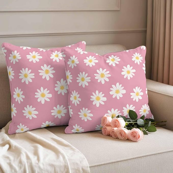 Throw Pillow Covers 20x20 Inch Set of 2, White Pink Daisy Waterproof Outdoor Pillow Covers, Spring Summer Floral Farmhouse Decorative Cushion Pillowcases for Couch, Sofa, Bed, Garden, Patio