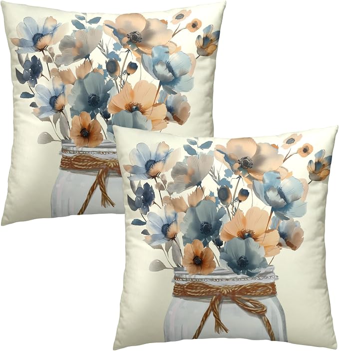 Watercolor Flowers Throw Pillow Covers 20 x 20 in Set of 2 - Grey Tan Beige Flower Mason Jar Rustic Farmhouse Cotton Linen Pillowcase for Couch Bed Sofa Home Decor
