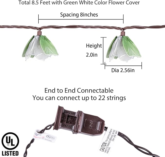 Decorative String Lights Plug in with 10 Bulbs, Flower Garland Fairy Lights Connectable Weatherproof Outdoor Indoor for Wedding Pergola Bedroom Porch Floral Home Decor (Green White)