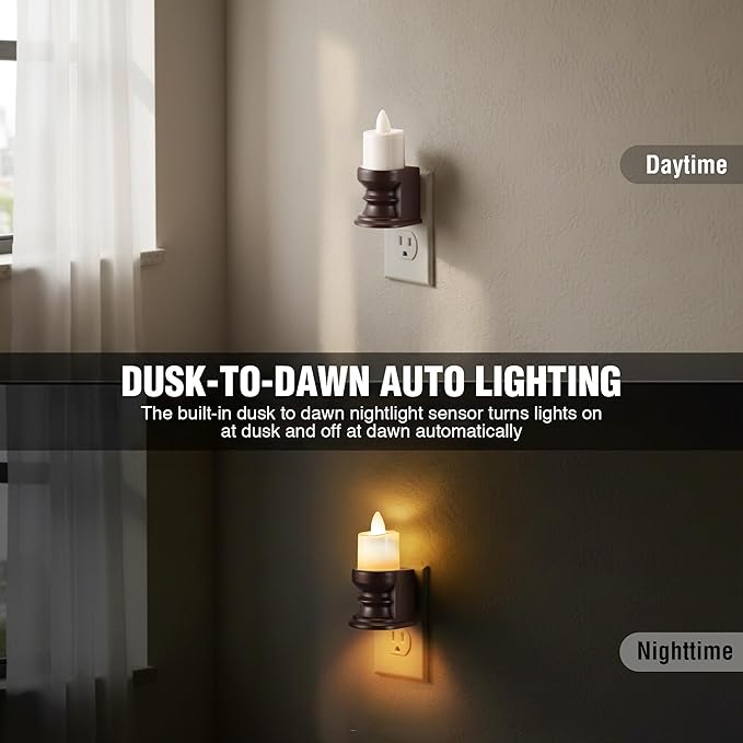 Meonum Flickering Flameless Candle Night Light Plug in, Dimmable LED Nightlight with Dusk to Dawn Sensor, Decorative Candle Light for Bedroom, Hallway, Bathroom(2 Pcs,Warm Yellow & Brown Base)