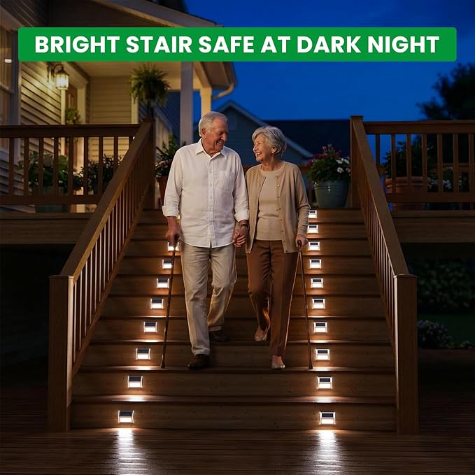 JSOT Solar Stair Lights Outdoor - 16 Pack Fence Lights Solar Powered-Waterproof Stainless Steel Step Light for Walkway Patio Garden Backyard - Cool White