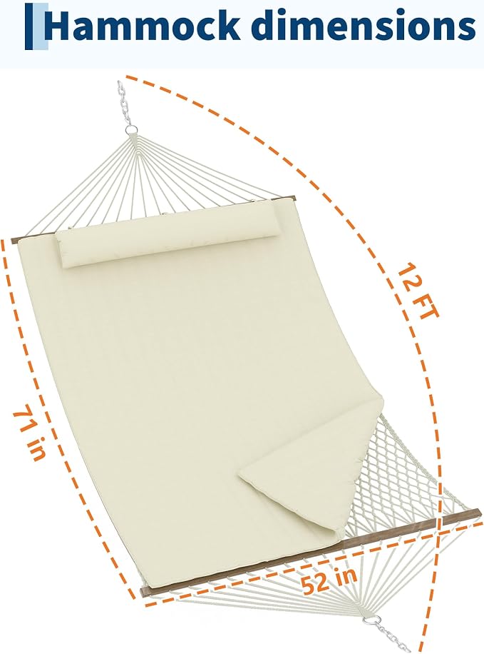 Garvee 2 Person Outdoor Hammock with Stand, Cotton Rope Hammock with Polyester Pad, Adjustable Steel Frame, 2-in-1 Hammock for Patio, Backyard, Garden, Beach (Beige