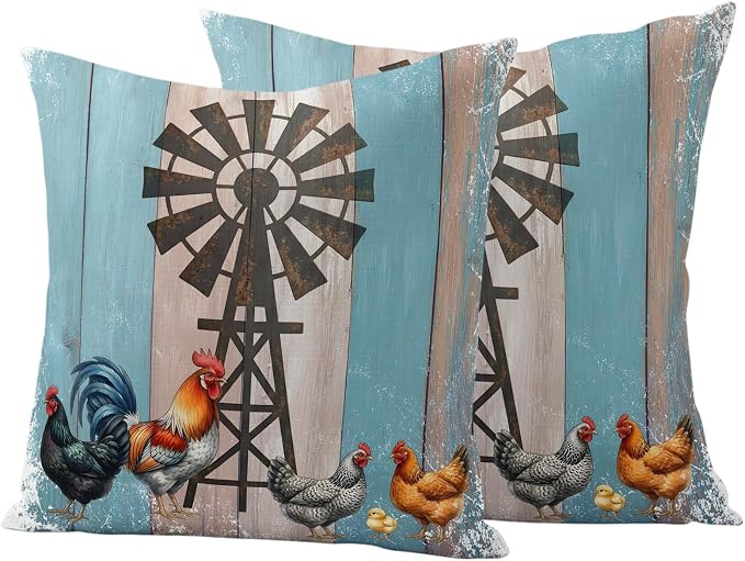 Rooster Hen Outdoor Pillow Covers 26"x26" Set of 2, Rustic Windmill Farmhouse Animal Wood Striped Country Waterproof Throw Pillow Covers for Patio Furniture, Decorative Cushion Covers for Porch