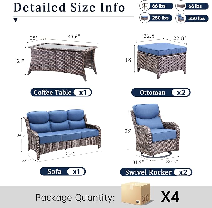Luxury High Back Outdoor Furniture with 6-Inch Thick Cushions, Patio Furniture Set with Swivel Chairs, 6 PCS Wicker Conversation Set for Porch, Balcony, Deck and Yard