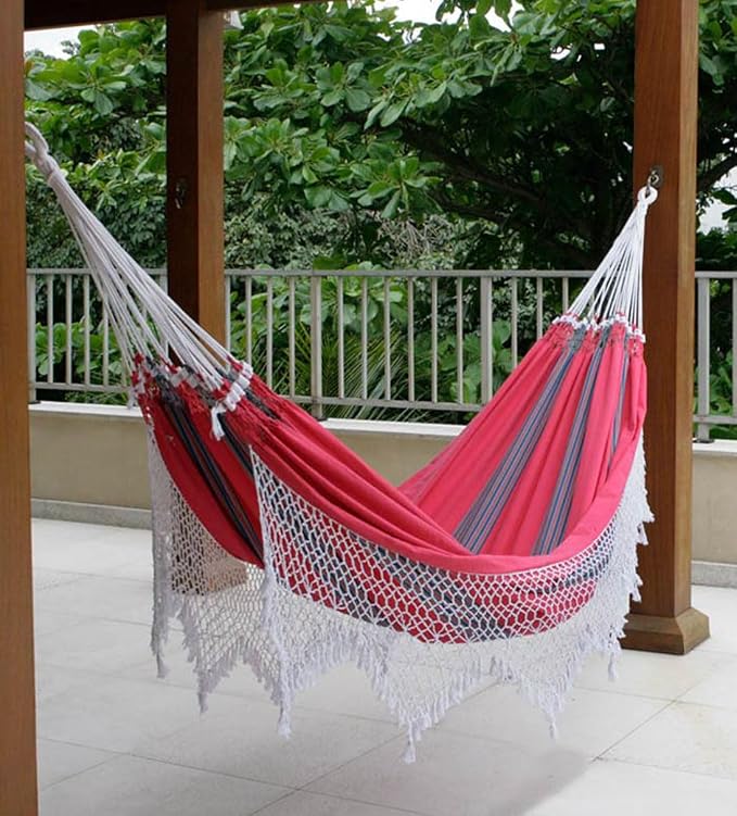 NOVICA Red Gray Striped Cotton Fabric 2 Person XL Brazilian Hammock with White Crochet Fringe, 'Scarlet Samba' (Double)