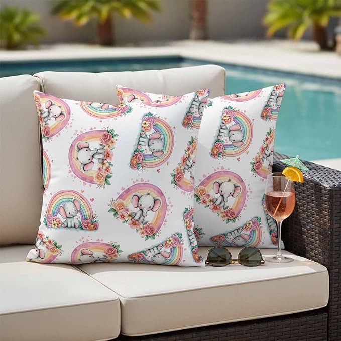 Yukro Rainbow Elephant Outdoor Waterproof Pillow Covers Pack of 2, Pink Red Flower Love Watercolor Animal Throw Pillowcases Decorative Cushion Covers for Garden Patio Tent Sofa Couch, 24x24 inch
