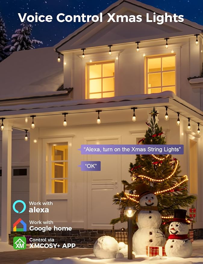 XMCOSY+ Outdoor String Lights, 98FT Smart Dimmable Edison Bulb Patio Lights | Smart App & Voice Control LED String Lights, Custom Schedules, Dimming, Warm White Light for Outside, Yard,Porch, Warerproof