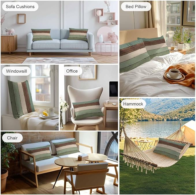 Vandarllin Outdoor Throw Pillow Covers 12X20 Set of 2 Waterproof Sage Green Brown Decorative Zippered Cushion Covers for Patio Furniture, Farmhouse Retro Rustic Barn Wood Texture Lumbar Pillowcases