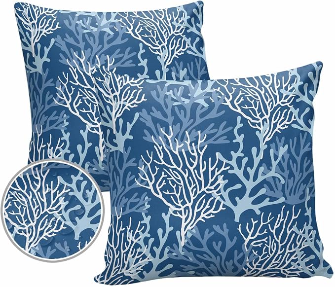 Outdoor Waterproof Throw Pillow Covers Set of 2 Blue Coral Pillowcases 16x16 Inches Nautical Coastal Marine Life Patio Decorative Pillows Cushion Case Patio Pillows for Couch Bed Chair Garden