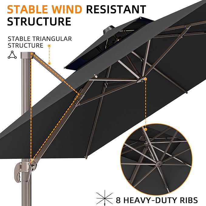 9' X 12' Cantilever Outdoor Patio Umbrellas Double Top Large Rectangle Umbrella Heavy Duty 360°Rotation Offset Umbrella for Garden Deck Pool Patio, Black