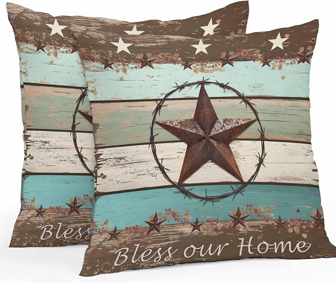 Teal Brown Texas Star Vintage Outdoor Pillow Covers 16x16 Inch Throw Pillow Covers Set of 2 Waterproof Decorative Pillow Cases Farmhouse Country Wooden Cushion Covers for Patio Furniture Garden Couch