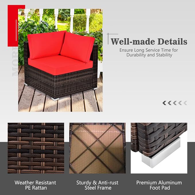 Tangkula 7 Piece Patio Furniture Set w/Fire Pit Table, Patiojoy Outdoor Rattan Conversation Sofa Set w/30 Square Propane Fire Pit Table, 50,000 BTU Heat Output, Protective Cover Included (Red)