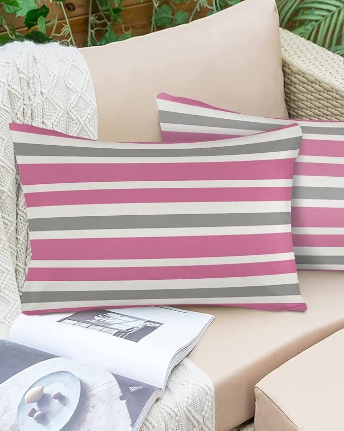 Outdoor Waterproof Pillow Covers for Patio Furniture Pink Grey and White Stripes Decorative Throw Pillow Cover Farmhouse Stripe Pillowcases Set of 2 Cushion Case for Sofa Couch Chair 20 x 12 In