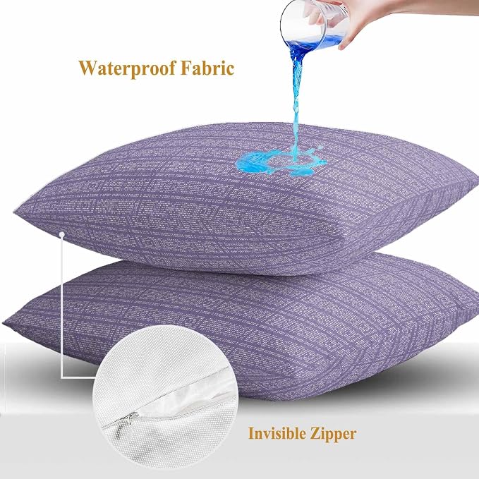 Outdoor Waterproof Throw Pillow Covers Set of 2 Lavender Purple Stripes Grain Pillowcases 18x18 Inches Solid Color Decorative Pillows Cushion Case Patio Pillows for Couch Bed Chair Garden