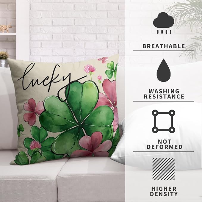 Green Pink Shamrock Pillow Covers 20x20 Set of 2 St Patricks Day Square Cotton Linen Pillow Cases Lucky Charms March Cushion Cases for Couch Sofa Home Indoor Outdoor Decor