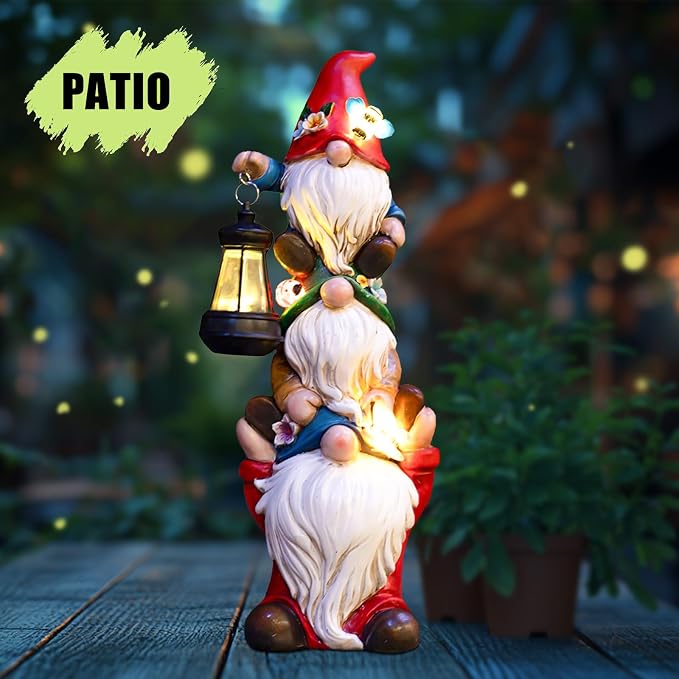 twinbling 12 in Garden Gnome Statue with Solar Lights | Birthday Gift for Mom Woman Grandma Garden Sculptures Funny Triple Gnome Outdoor Patio Lawn Yard Balcony Home Decor